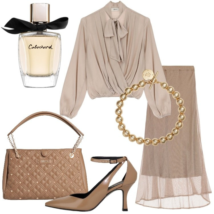 Outfit donna - Colori neutri a settembre. Stile Bon Ton per Serata fuori. Abbinamento con borse a mano, profumi, gonne, décolleté, camicie, braccialetti.