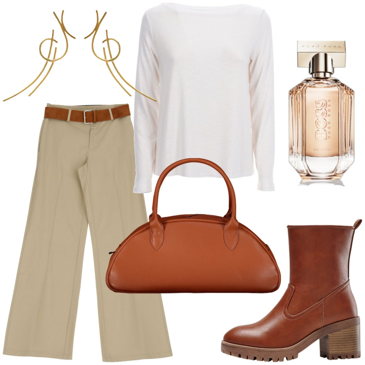 Outfit donna - Total look #1957928. Stile Casual chic per Tutti i giorni. Abbinamento con stivaletti, profumi, pantaloni, maglieria, orecchini, borse a spalla.