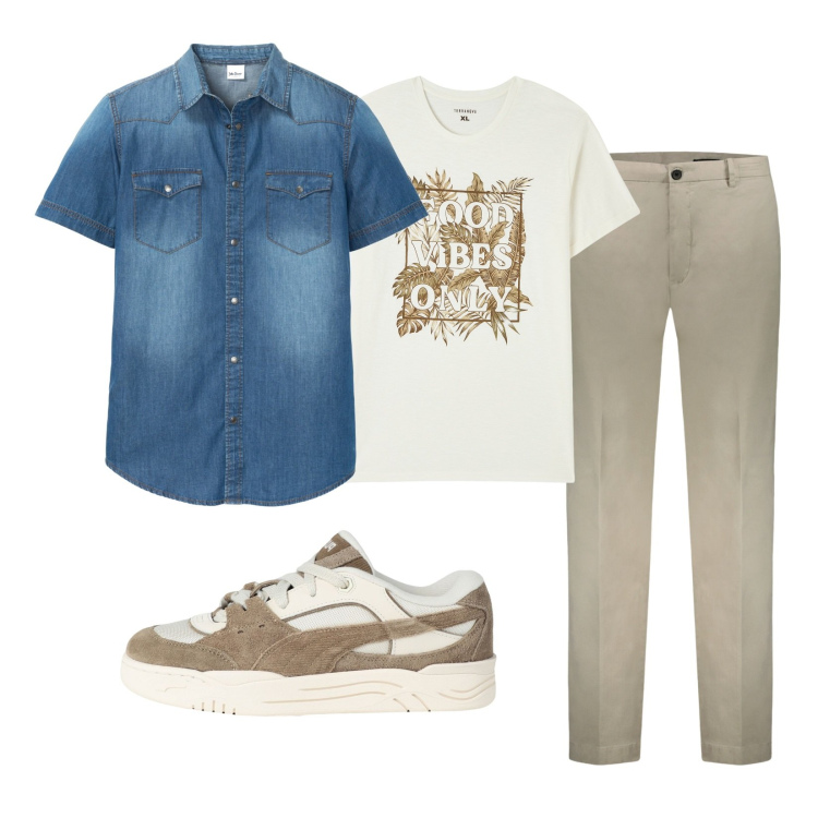 Outfit uomo - Camicia in denim. Stile Casual per Tutti i giorni. Abbinamento con sneakers, camicie a manica corta, t-shirt, pantaloni.