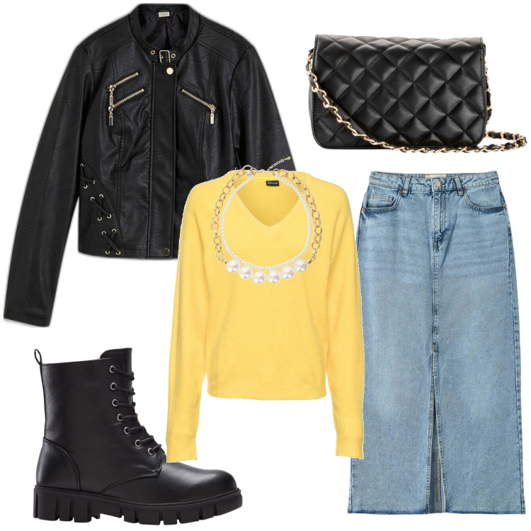 Outfit donna - Maglione oversize. Stile Rock per Serata fuori. Abbinamento con borse a tracolla, maglieria, stivaletti, blazer, gonne lunghe, collane.