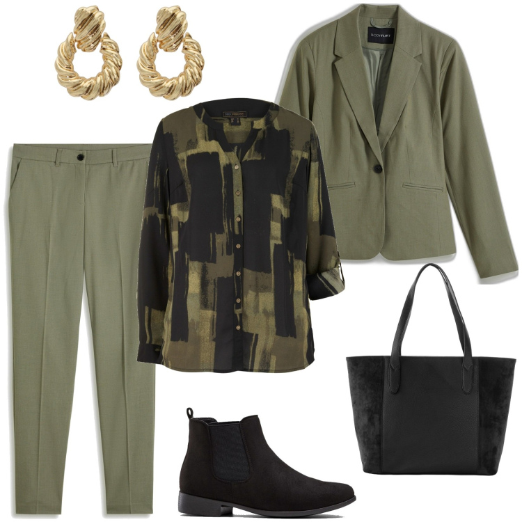 Outfit donna - In ufficio con ... Bonprix. Stile Casual per Ufficio. Abbinamento con pantaloni, blazer, shopping bag, stivaletti chelsea, camicie, orecchini.