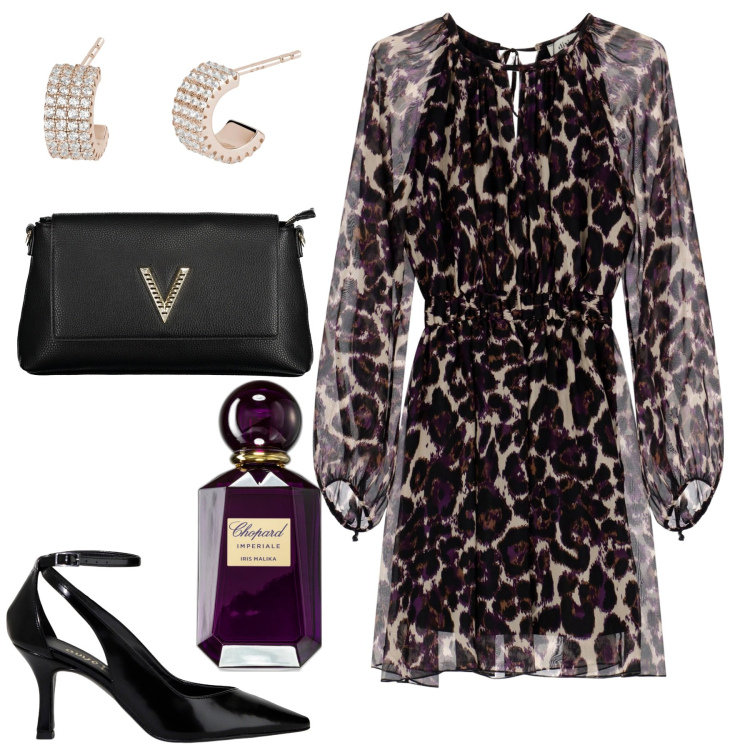 Outfit donna - Serata. Stile Chic per Serata fuori. Abbinamento con profumi, orecchini, vestiti corti, décolleté, collane.