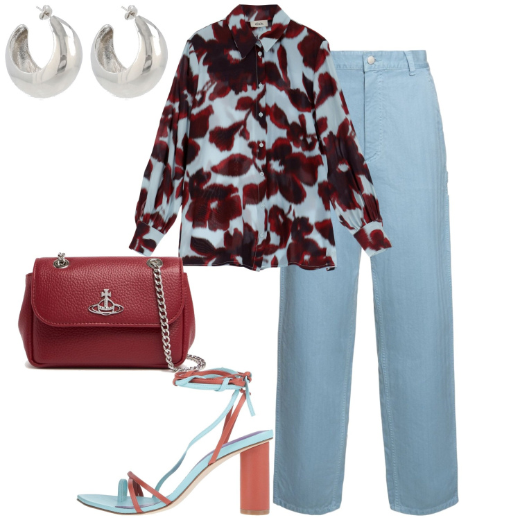 Outfit donna - City. Stile Trendy per Tutti i giorni. Abbinamento con ciabatte, camicie, pantaloni, orecchini, borse a spalla.