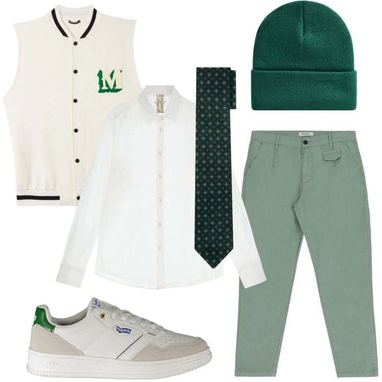 Outfit uomo - Stile campus. Stile Casual per Tutti i giorni. Abbinamento con gilet, berretti, camicie, pantaloni, cravatte, sneakers.
