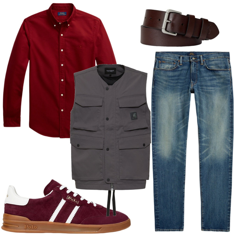 Outfit uomo - Camicia e gilet. Stile Trendy per Ufficio. Abbinamento con cinture, jeans, camicie, sneakers, giacche.