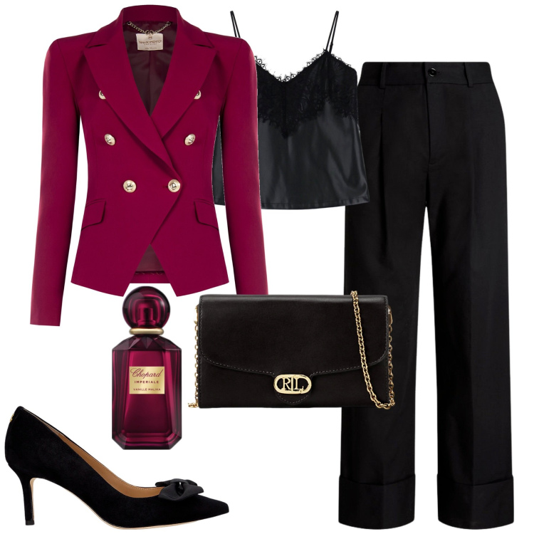 Outfit donna - Evento. Stile Chic per Cerimonia. Abbinamento con blazer, profumi, top, pantaloni, décolleté, borse a tracolla.