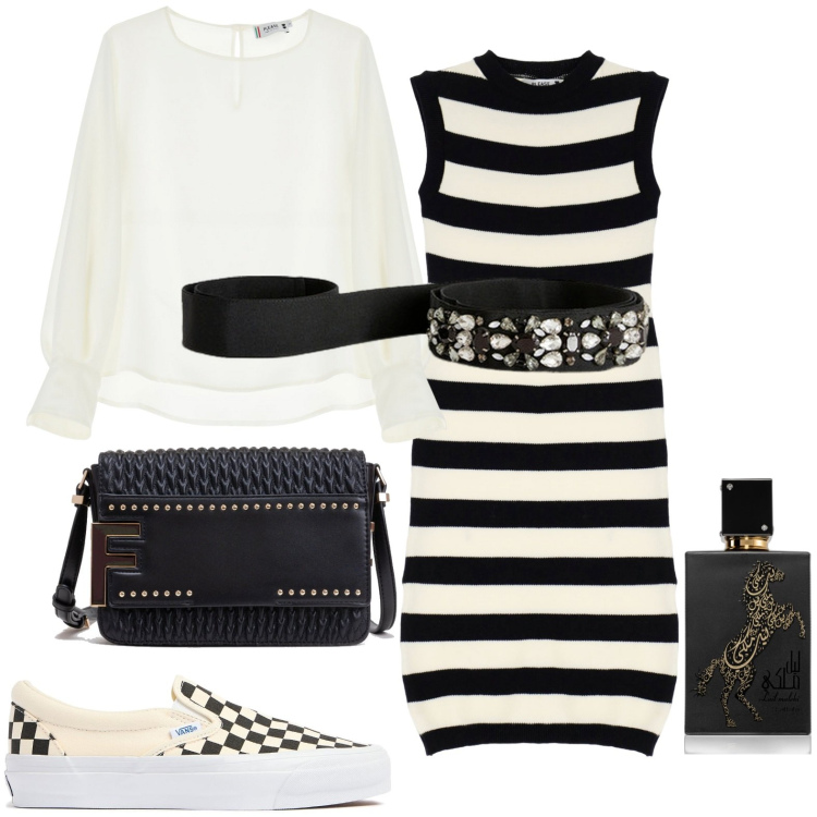 Outfit donna - Total look #1958008. Stile Casual per Tutti i giorni. Abbinamento con profumi, vestiti, camicie, borse a tracolla, sneakers, cinture.
