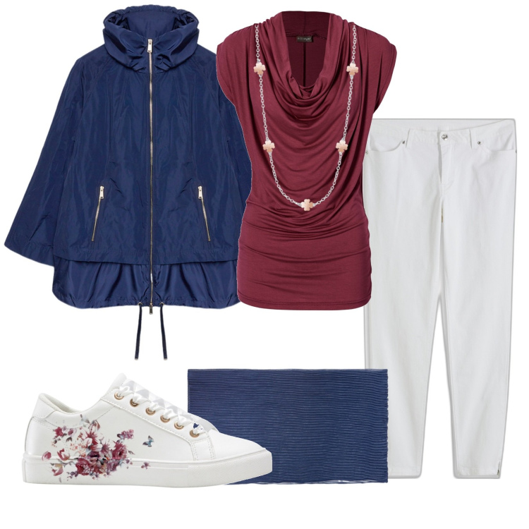 Outfit donna - Autunno con il trench. Stile Casual per Tutti i giorni. Abbinamento con jeans skinny, sneakers, maglieria, collane, parka, stole.