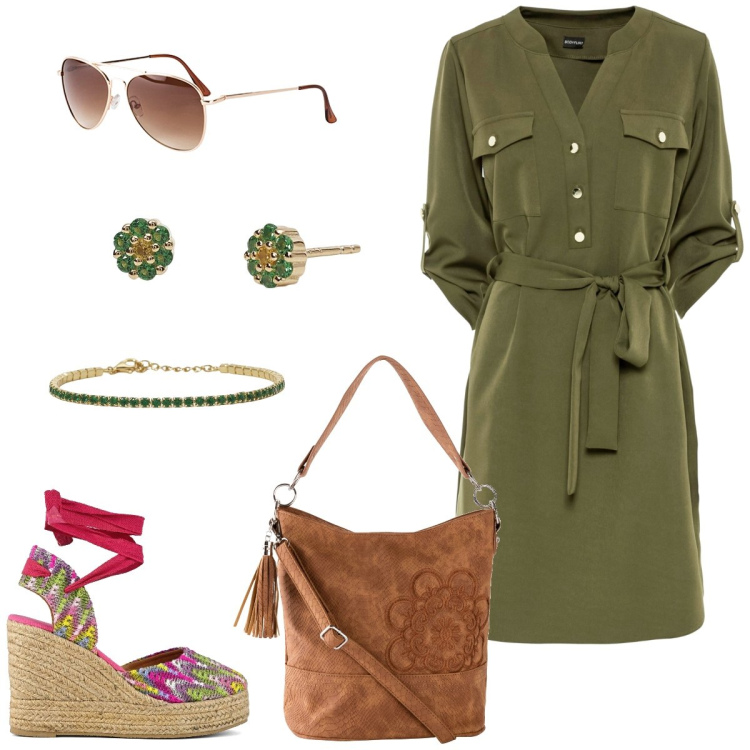 Outfit donna - Shopping. Stile Casual per Tutti i giorni. Abbinamento con borse a mano, occhiali da sole, vestiti chemisier, orecchini, braccialetti, sandali col tacco.