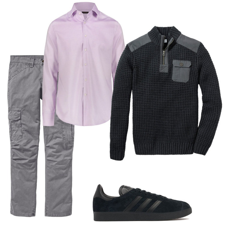 Outfit uomo - Camicia lilla. Stile Urban per Ufficio. Abbinamento con pantaloni cargo, maglieria, camicie, sneakers.