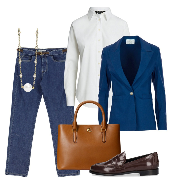 Outfit donna - Mannish in trasferta. Stile Mannish per Ufficio. Abbinamento con collane, jeans dritti, camicie, borse a mano, blazer, mocassini.