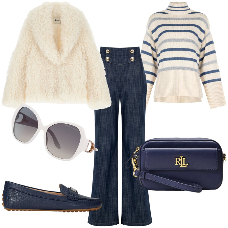 Outfit donna - Total look #1958055. Stile Casual per Tutti i giorni. Abbinamento con maglieria, jeans, blazer, occhiali da sole, mocassini, pochette.