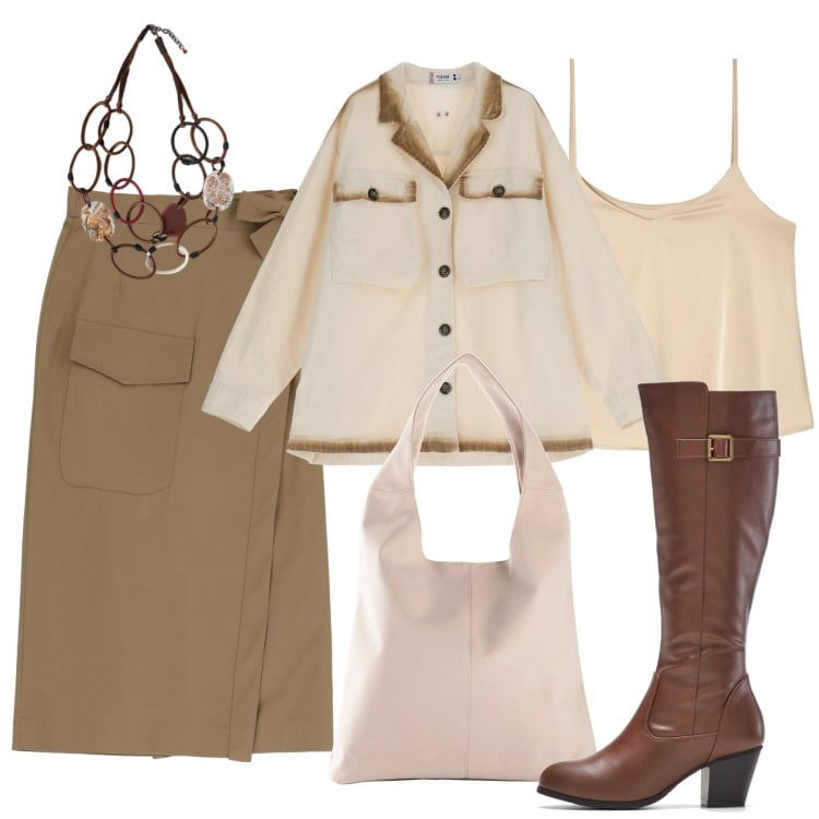 Outfit donna - Autunno nell\'aria. Stile Boho per Tutti i giorni. Abbinamento con stivali, shopping bag, blazer, top, gonne longuette, collane.