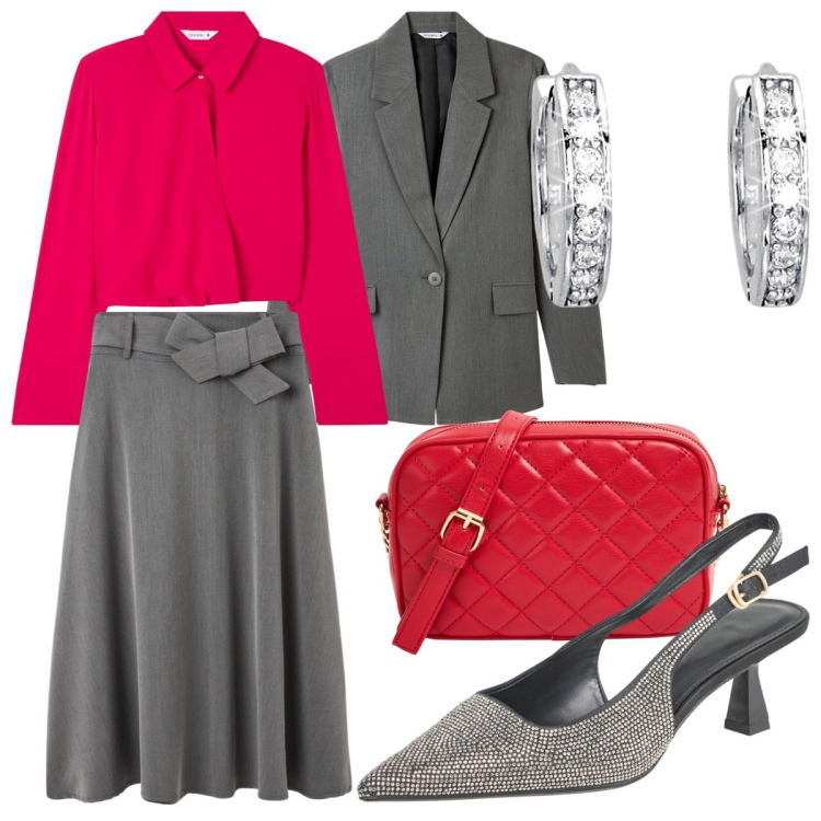 Outfit donna - Terranova -collezione autunno inverno. Stile Bon Ton per Serata fuori. Abbinamento con orecchini, blazer, bluse, gonne lunghe, décolleté, borse a tracolla.