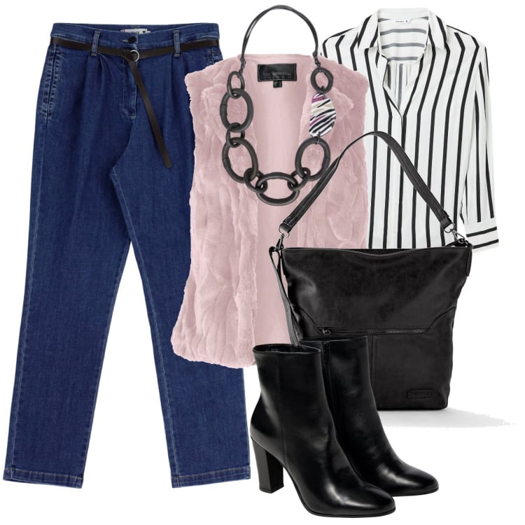 Outfit donna - Total look #1958145. Stile Sporty chic per Ufficio. Abbinamento con gilet, borse a tracolla, camicie, jeans slim fit, stivaletti, collane.