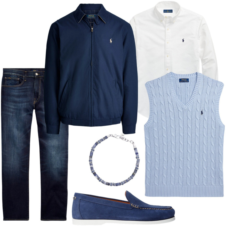 Outfit uomo - La giacca blu oceano. Stile Casual per Ufficio. Abbinamento con braccialetti, jeans dritti, scarpe stringate, maglieria, camicie, giacche.