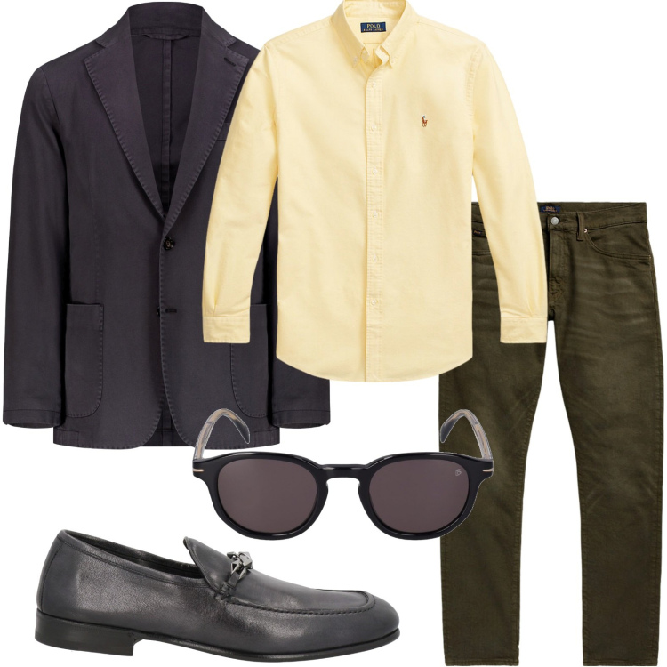 Outfit uomo - Fascino per la giacca. Stile Casual per Serata speciale. Abbinamento con scarpe stringate, camicie, jeans, occhiali da sole, giacche.