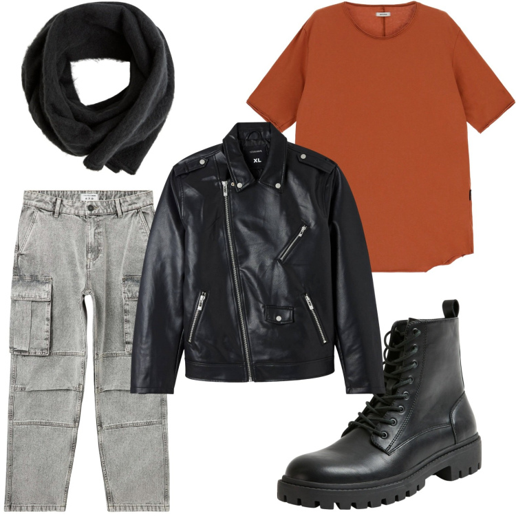 Outfit uomo - Tendenza rock. Stile Trendy per Serata speciale. Abbinamento con sciarpe e foulard, giacche, anfibi, jeans, t-shirt.