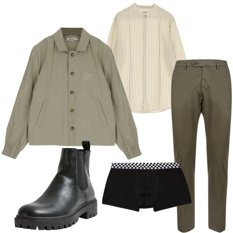 Outfit uomo - Green day. Stile Trendy per Tutti i giorni. Abbinamento con boxer, stivali e stivaletti, camicie, giacche, pantaloni chino.