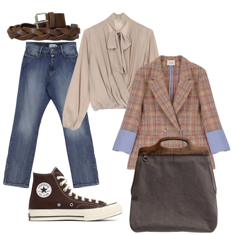 Outfit donna - Mix & Match. Stile Sporty chic per Tutti i giorni. Abbinamento con jeans dritti, cinture, blazer, camicie, borse a tracolla, sneakers.