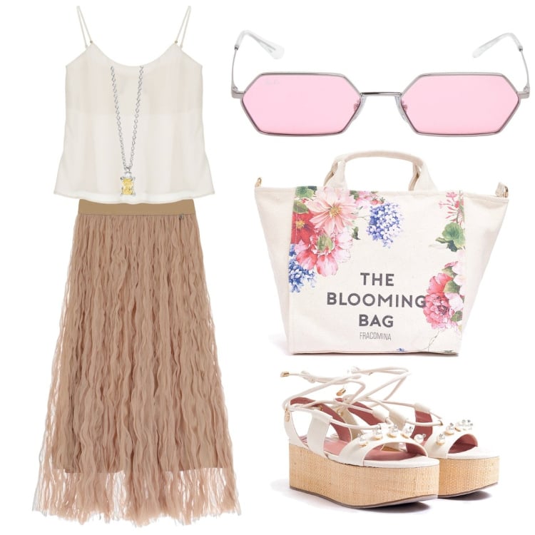 Outfit donna - Life Is lite. Stile Boho per Tutti i giorni. Abbinamento con collane, top, sandali col tacco, borse tote, gonne lunghe, occhiali da sole.