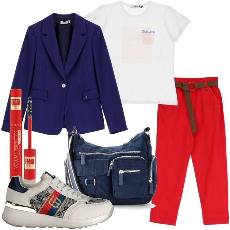 Outfit donna - La giacca per l\'università. Stile Casual per Scuola/Università. Abbinamento con borse a tracolla, mascara, blazer, t-shirt, pantaloni, sneakers.