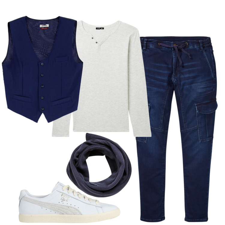 Outfit uomo - City. Stile Casual per Tutti i giorni. Abbinamento con jeans, sneakers, sciarpe, t-shirt, gilet.