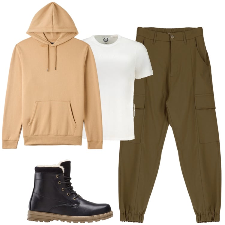 Outfit uomo - City. Stile Casual per Tutti i giorni. Abbinamento con stivali e stivaletti, felpe con cappuccio, pantaloni cargo, t-shirt.