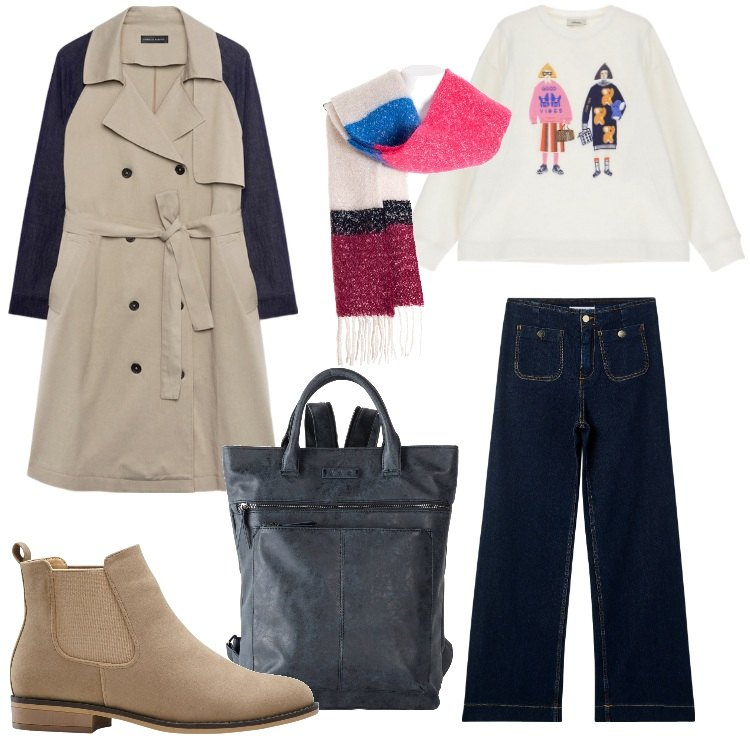 Outfit donna - Trench con maniche in denim. Stile Trendy per Scuola/Università. Abbinamento con stivaletti chelsea, zaini, jeans, sciarpe, felpe, trench.