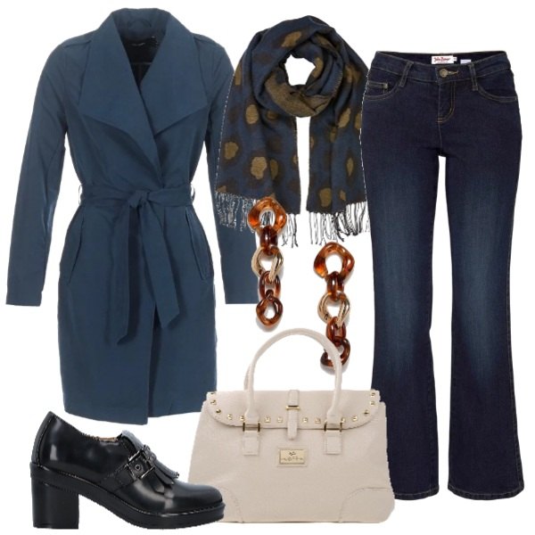 Outfit donna - Mocassini con le frange. Stile Urban per Tutti i giorni. Abbinamento con jeans bootcut, mocassini con borchie e tacco squadrato con fibbia interno foderato con punta tonda in pelle sintetica tinta unita, borsa a mano maxi con borchie doppio manico interno foderato in pelle sintetica tinta unita, trench blu, sciarpa lunga, orecchini pendenti.
