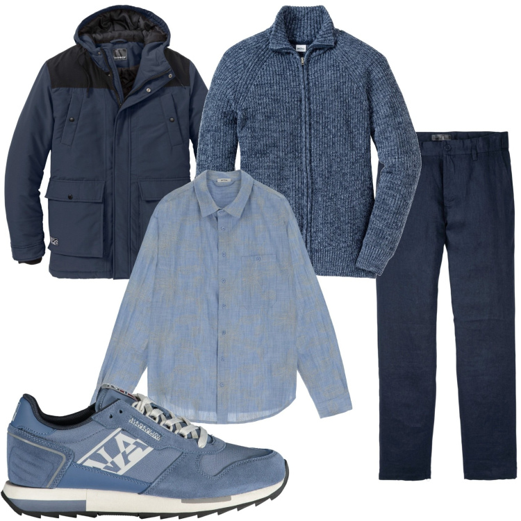 Outfit uomo - Mi vesto per la giornata. Stile Trendy per Tutti i giorni. Abbinamento con cardigans, pantaloni, piumini, camicie, sneakers.