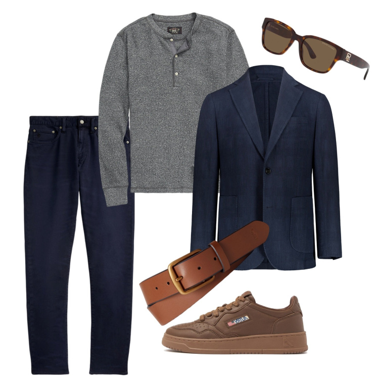 Outfit uomo - Perfetto settembre. Stile Casual per Tutti i giorni. Abbinamento con occhiali da sole, cinture, pantaloni chino, t-shirt, giacche, sneakers.