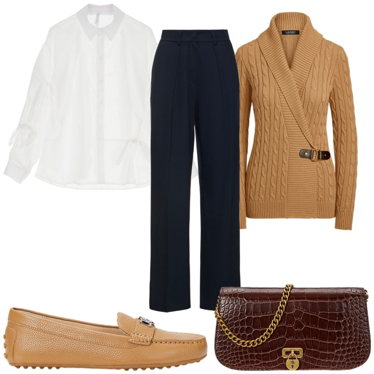 Outfit donna - Total look #1958428. Stile Trendy per Ufficio. Abbinamento con camicie, maglieria, mocassini, borse a tracolla, pantaloni.