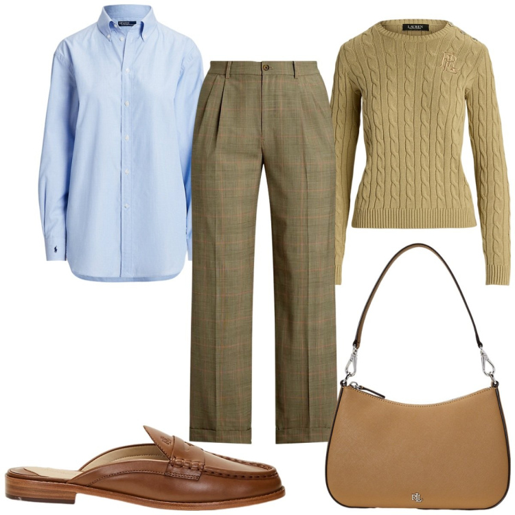 Outfit donna - Total look #1958452. Stile Casual chic per Ufficio. Abbinamento con maglieria, borse a spalla, camicie, mocassini, pantaloni.