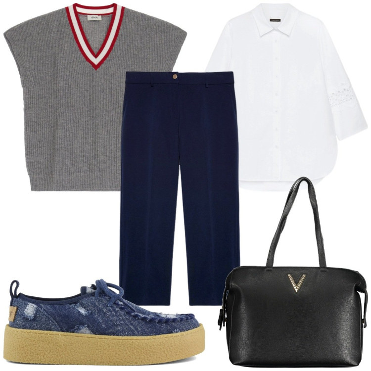 Outfit donna - Total look #1958454. Stile Casual chic per Ufficio. Abbinamento con maglieria, mocassini, pantaloni, borse a spalla, camicie.