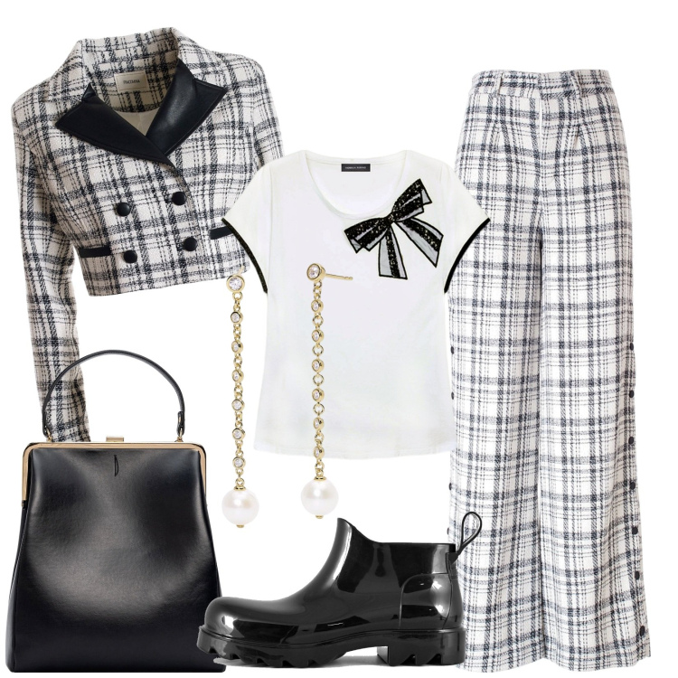 Outfit donna - Total look #1958465. Stile Casual chic per Ufficio. Abbinamento con orecchini, pantaloni a palazzo, blazer, stivali, t-shirt, borse a spalla.