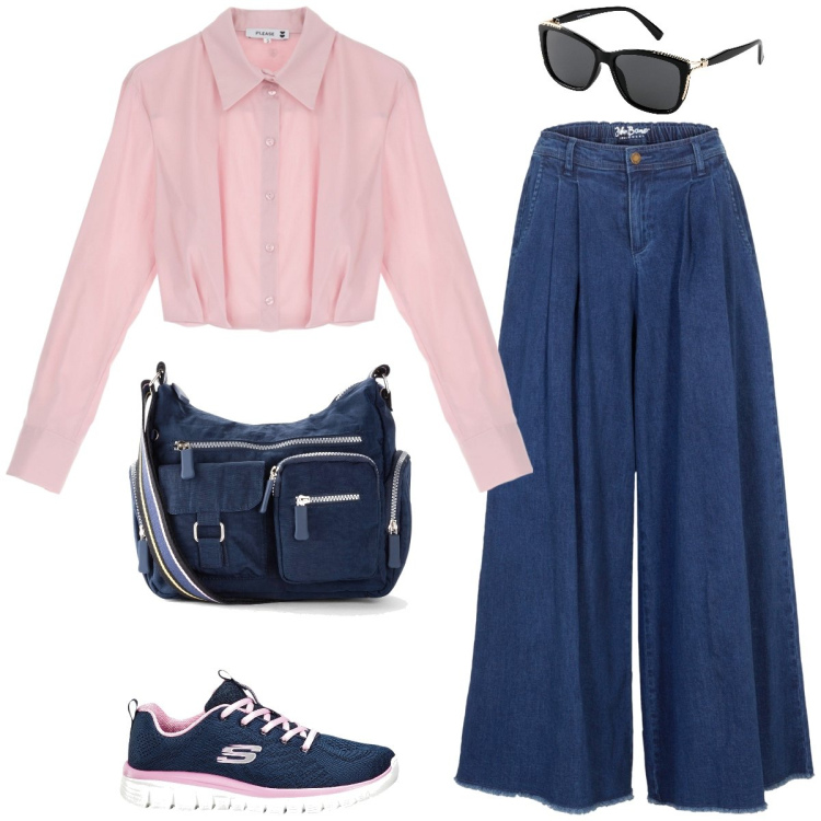 Outfit donna - Università. Stile Casual chic per Scuola/Università. Abbinamento con occhiali da sole, gonne, borse a tracolla, sneakers, camicie.