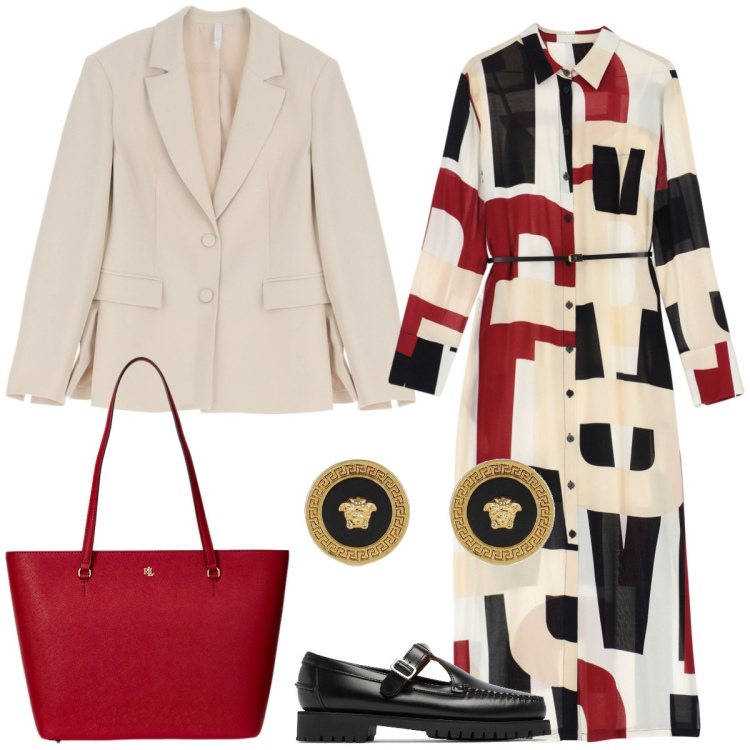 Outfit donna - In città. Stile Minimal per Tutti i giorni. Abbinamento con vestiti lunghi, blazer, borse tote, mocassini, orecchini.