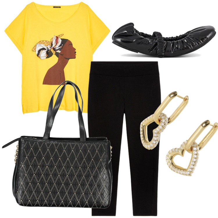 Outfit donna - La ballerina da borsetta. Stile Basic per Tutti i giorni. Abbinamento con orecchini, ballerine, t-shirt, jeggings, borse a spalla.