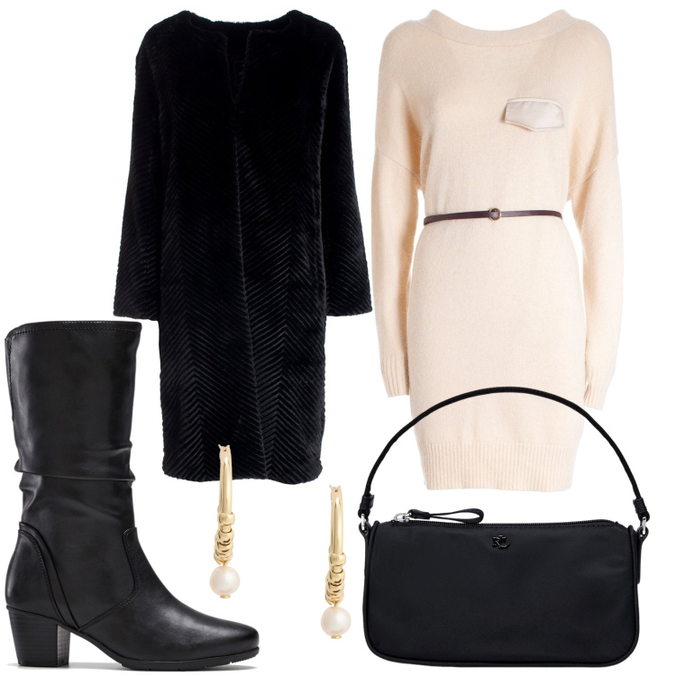 Outfit donna - Invito invernale. Stile Glamour per Serata fuori. Abbinamento con stivali, vestiti midi/longuette, cappotti, orecchini, pochette.