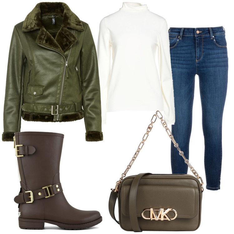 Outfit donna - Jeans e giubbotto. Stile Trendy per Tutti i giorni. Abbinamento con blazer, borse a tracolla, maglieria, jeans, stivali.