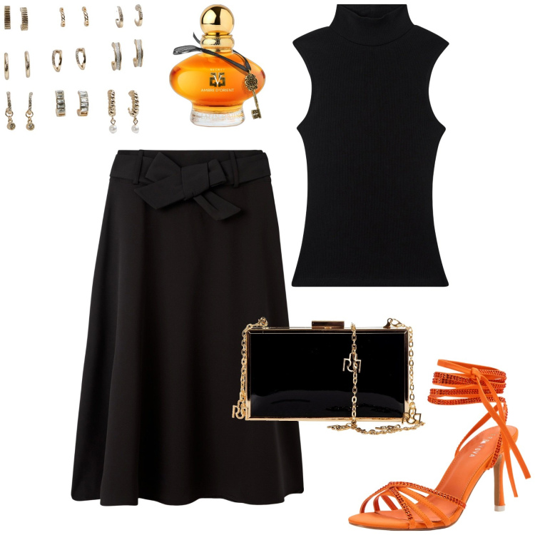 Outfit donna - Total look #1958538. Stile Chic per Serata fuori. Abbinamento con profumi, gonne lunghe, sandali alla schiava, orecchini, top, pochette.