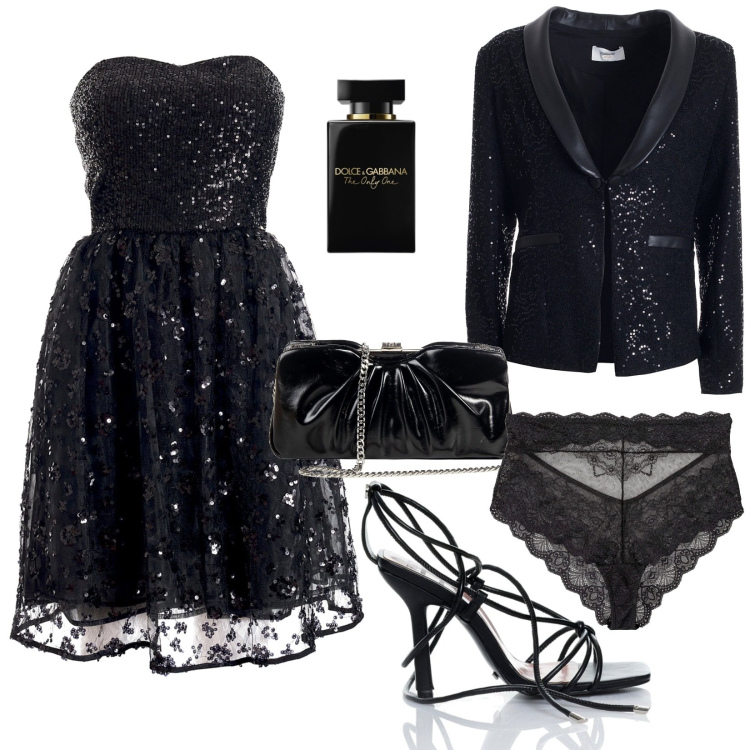 Outfit donna - Total look #1958544. Stile Sexy per Serata fuori. Abbinamento con culotte, profumi, pochette, blazer, vestiti midi/longuette, sandali alla schiava.