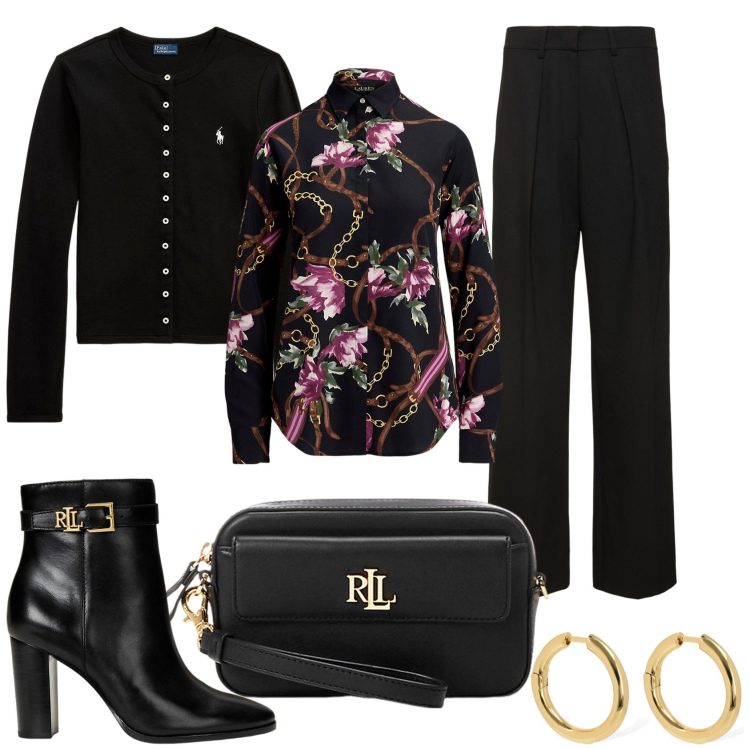 Outfit donna - Pantalone camicia fantasia. Stile Chic per Serata fuori. Abbinamento con pochette, cardigans, camicie, stivaletti, orecchini, pantaloni.