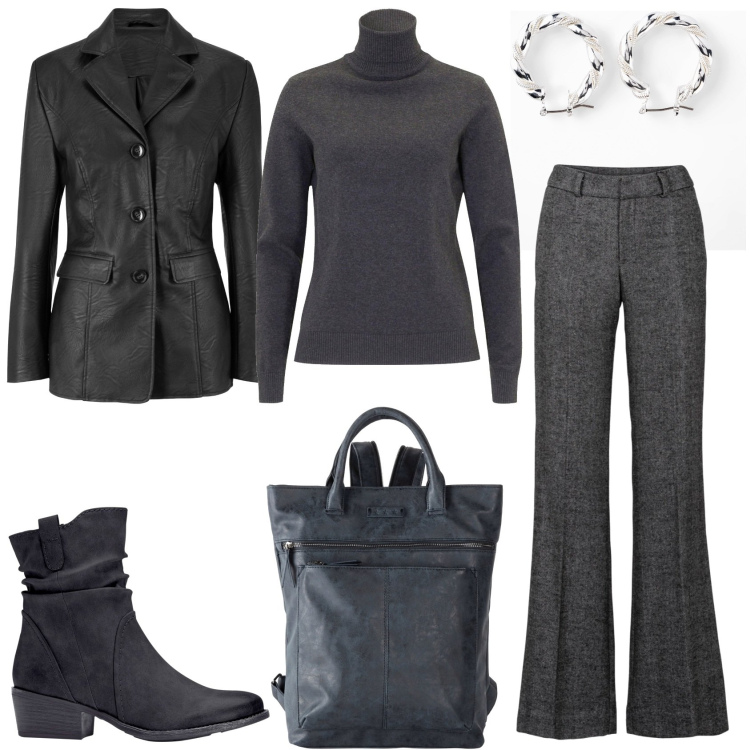 Outfit donna - Il grigio è sempre elegante. Stile Glamour per Tutti i giorni. Abbinamento con pantaloni a palazzo, stivaletti texani, orecchini, zaini, blazer, maglieria.