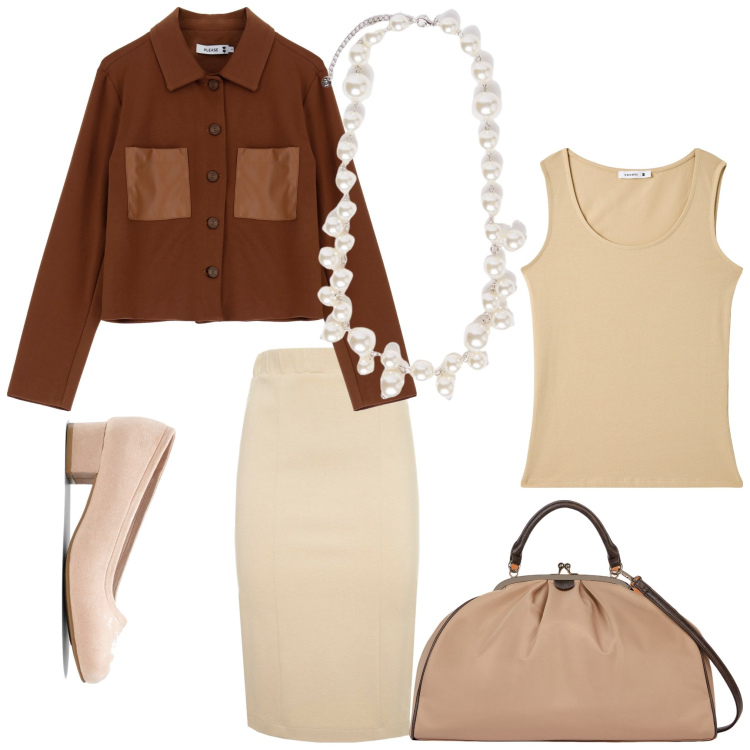 Outfit donna - Il caldo colore dell\'autunno. Stile Chic per Ufficio. Abbinamento con décolleté, canottiere, blazer, gonne, borse a spalla, collane.