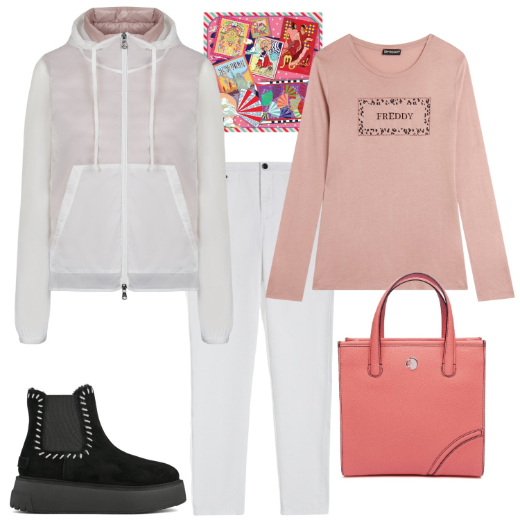 Outfit donna - Total look #1958613. Stile Trendy per Scuola/Università. Abbinamento con pantaloni skinny, t-shirt, blazer, stivaletti, foulard, shopping bag.
