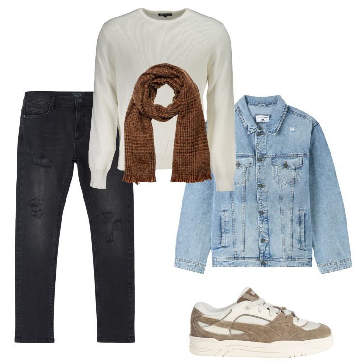 Outfit uomo - Il giubbino di jeans. Stile Casual per Tutti i giorni. Abbinamento con sneakers, jeans strappati, giacche, sciarpe, maglieria.