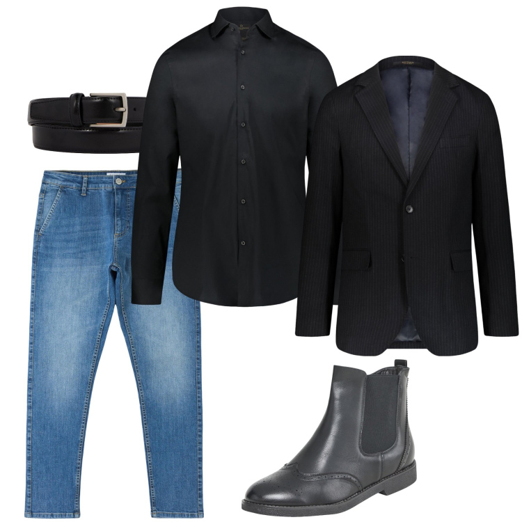 Outfit uomo - Jeans e nero. Stile Trendy per Tutti i giorni. Abbinamento con stivali e stivaletti, jeans skinny, giacche, camicie, cinture.