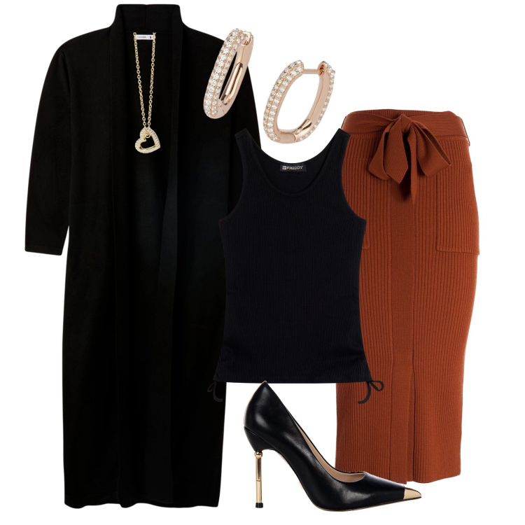 Outfit donna - Total look #1958640. Stile Casual chic per Tutti i giorni. Abbinamento con cardigans, orecchini, collane, décolleté, gonne longuette, canottiere.